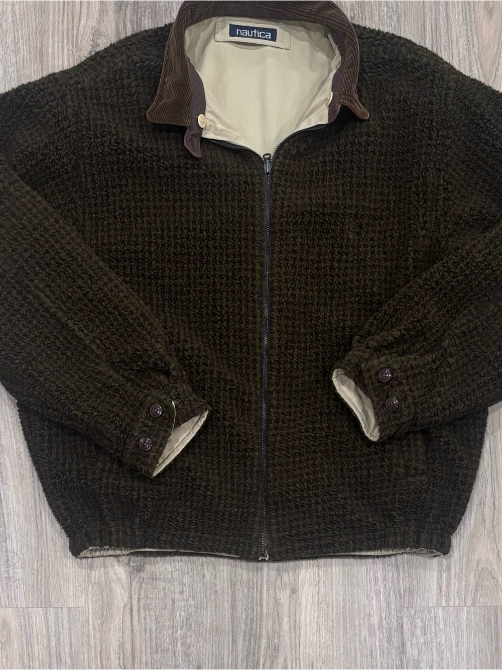 Vintage 90s Nautica Reversible Sherpa Fleece Jacket Leather Trim Tan Olive XL